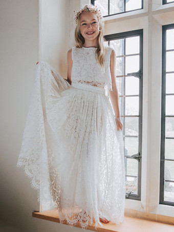 ツーピースの白いフラワーガールドレス、白いレースのノースリーブのジュエルネックのフラワーガールドレス