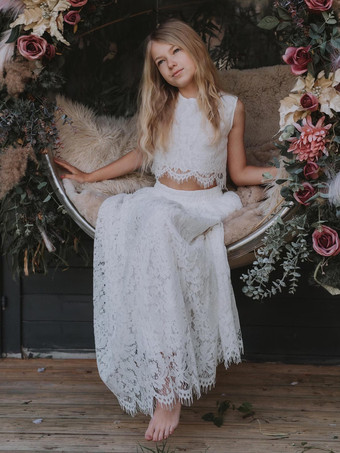 ホワイト ツーピースの白いフラワーガールドレス、白いレースのノースリーブのジュエルネックのフラワーガールドレス