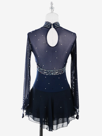 レディースフィギュアアイススケートドレス高伸縮性長袖メッシュダイヤモンドフックスリーブ競技用アイスダンスドレス