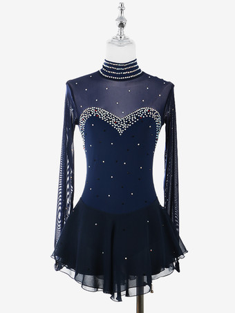 ダークネイビーレディースフィギュアアイススケートドレス高伸縮性長袖メッシュダイヤモンドフックスリーブ競技用アイスダンスドレス