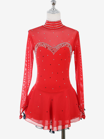 レッド レディースフィギュアアイススケートドレス高伸縮性長袖メッシュダイヤモンドフックスリーブ競技用アイスダンスドレス