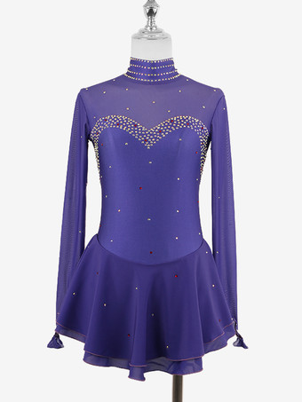 パープル レディースフィギュアアイススケートドレス高伸縮性長袖メッシュダイヤモンドフックスリーブ競技用アイスダンスドレス