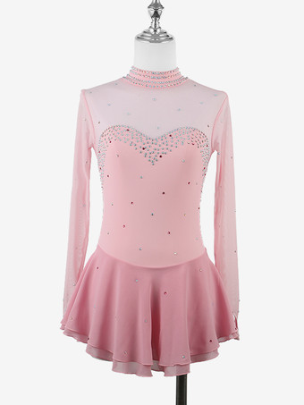 ピンクレディースフィギュアアイススケートドレス高伸縮性長袖メッシュダイヤモンドフックスリーブ競技用アイスダンスドレス