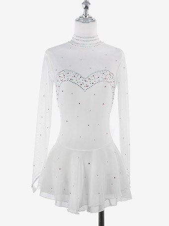 ホワイト レディースフィギュアアイススケートドレス高伸縮性長袖メッシュダイヤモンドフックスリーブ競技用アイスダンスドレス