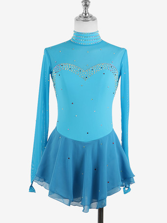 ベビーブルーレディースフィギュアアイススケートドレス高伸縮性長袖メッシュダイヤモンドフックスリーブ競技用アイスダンスドレス