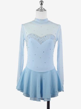 ライトスカイブルーレディースフィギュアアイススケートドレス高伸縮性長袖メッシュダイヤモンドフックスリーブ競技用アイスダンスドレス