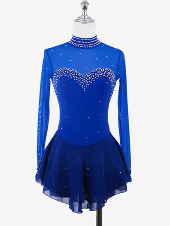 ロイヤルブルーレディースフィギュアアイススケートドレス高伸縮性長袖メッシュダイヤモンドフックスリーブ競技用アイスダンスドレス