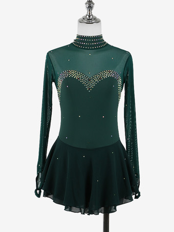 ダークグリーンレディースフィギュアアイススケートドレス高伸縮性長袖メッシュダイヤモンドフックスリーブ競技用アイスダンスドレス