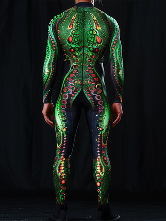 パターニング全身タイツ ハロウィン メンズ セクシー グリーン スネークプリント ジャンプスーツ ボディスーツ ダンサー シンガー ステージウェア コスチューム