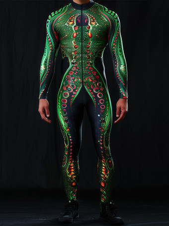 ブラック パターニング全身タイツ ハロウィン メンズ セクシー グリーン スネークプリント ジャンプスーツ ボディスーツ ダンサー シンガー ステージウェア コスチューム