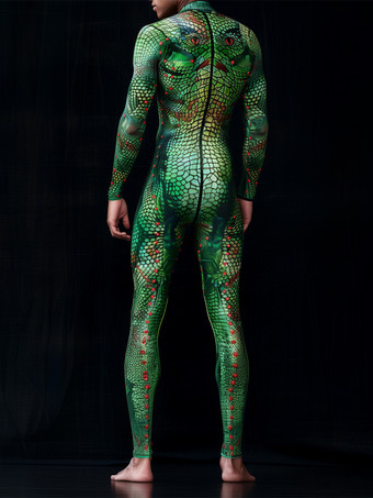 パターニング全身タイツ ハロウィン メンズ セクシー グリーン スネークプリント ジャンプスーツ ボディスーツ ダンサー シンガー ステージウェア コスチューム