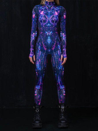 ダークネイビーパターニング全身タイツ ハロウィン 大人用アニメキャラクターコスプレジャンプスーツ 3Dデジタルカラープリントボディスーツ キャットスーツ エアリアルヨガパフォーマンスステージ衣装