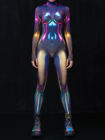 パープル パターニング全身タイツ ハロウィン 大人用アニメキャラクターコスプレジャンプスーツ 3Dデジタルカラープリントボディスーツ キャットスーツ エアリアルヨガパフォーマンスステージ衣装