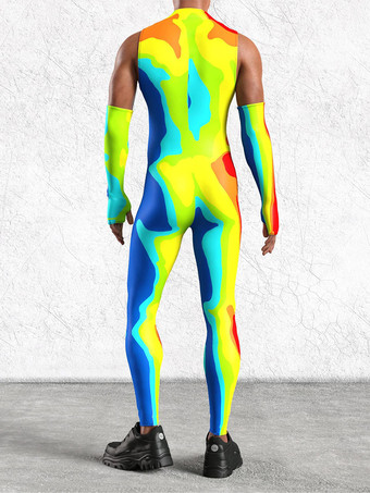 パターニング全身タイツ ハロウィン メンズ セクシー グリーン プリント ジャンプスーツ ボディスーツ ダンサー シンガー ステージウェア コスチューム