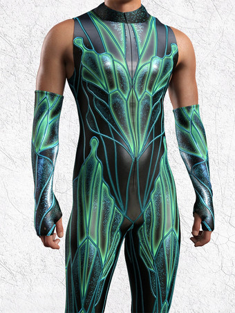 パターニング全身タイツ ハロウィン メンズ セクシー グリーン プリント ジャンプスーツ ボディスーツ ダンサー シンガー ステージウェア コスチューム