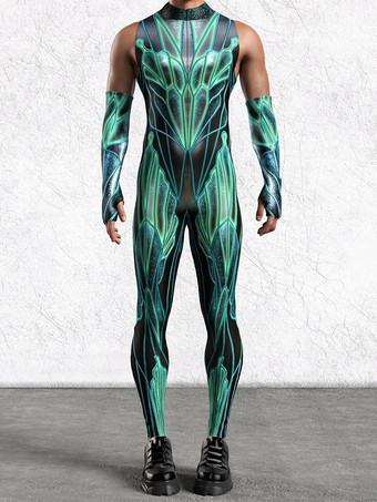 グリーン パターニング全身タイツ ハロウィン メンズ セクシー グリーン プリント ジャンプスーツ ボディスーツ ダンサー シンガー ステージウェア コスチューム