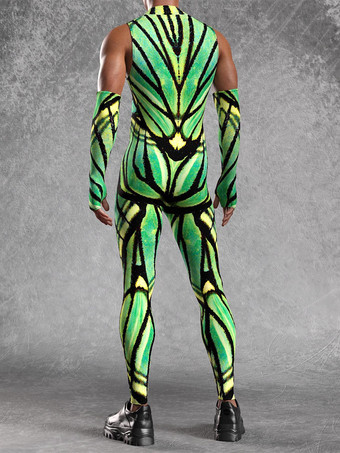 パターニング全身タイツ ハロウィン メンズ セクシー グリーン プリント ジャンプスーツ ボディスーツ ダンサー シンガー ステージウェア コスチューム