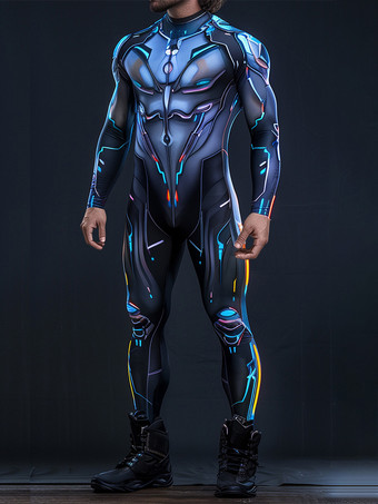 ディープブルーパターニング全身タイツ ハロウィン サイバーパンク メンズ ジャンプスーツ メカニカルアーマー コスプレ衣装 スチームパンク 伸縮性ボディスーツ ロンパース