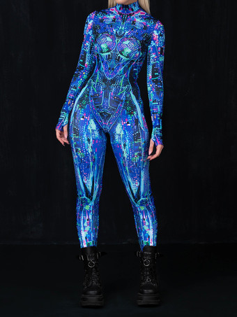 ディープブルーパターニング全身タイツ ハロウィン ボディスーツ キャットスーツ 大人用 アニメキャラクター コスプレ ジャンプスーツ 3D デジタルカラープリント エアリアルヨガ パフォーマンス ステージ衣装