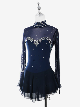 レディースフィギュアアイススケートドレス高伸縮性長袖メッシュダイヤモンドフックスリーブ競技用アイスダンスドレス