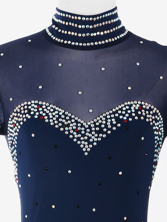 レディースフィギュアアイススケートドレス高伸縮性長袖メッシュダイヤモンドフックスリーブ競技用アイスダンスドレス