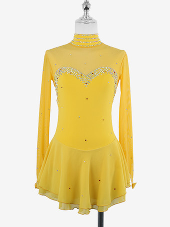 イエローレディースフィギュアアイススケートドレス高伸縮性長袖メッシュダイヤモンドフックスリーブ競技用アイスダンスドレス