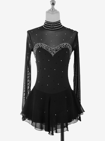 ブラック レディースフィギュアアイススケートドレス高伸縮性長袖メッシュダイヤモンドフックスリーブ競技用アイスダンスドレス