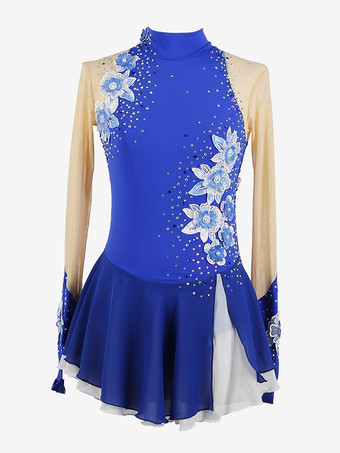 ロイヤルブルー女の子用アップリケ付きアイススケートダンスコスチューム、シンプルでゆったりとした女性用フィギュアスケート競技ドレス、体操レオタード
