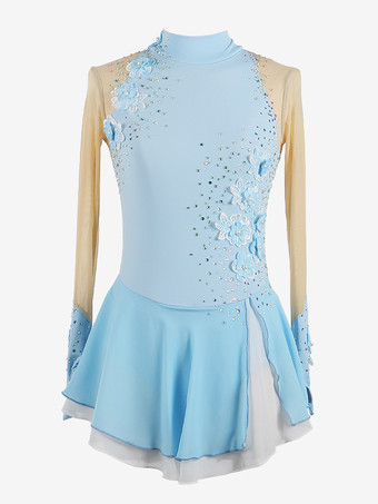 ライトスカイブルー女の子用アップリケ付きアイススケートダンスコスチューム、シンプルでゆったりとした女性用フィギュアスケート競技ドレス、体操レオタード