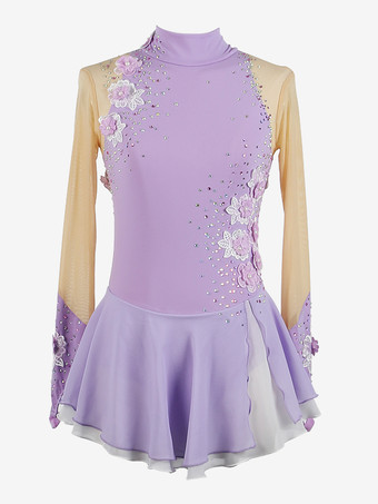 ラベンダーカラー女の子用アップリケ付きアイススケートダンスコスチューム、シンプルでゆったりとした女性用フィギュアスケート競技ドレス、体操レオタード