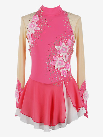 ローズレッド女の子用アップリケ付きアイススケートダンスコスチューム、シンプルでゆったりとした女性用フィギュアスケート競技ドレス、体操レオタード