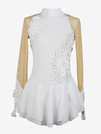 ホワイト 女の子用アップリケ付きアイススケートダンスコスチューム、シンプルでゆったりとした女性用フィギュアスケート競技ドレス、体操レオタード