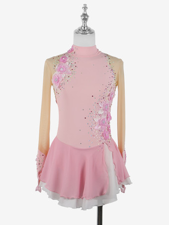 ピンク女の子用アップリケ付きアイススケートダンスコスチューム、シンプルでゆったりとした女性用フィギュアスケート競技ドレス、体操レオタード
