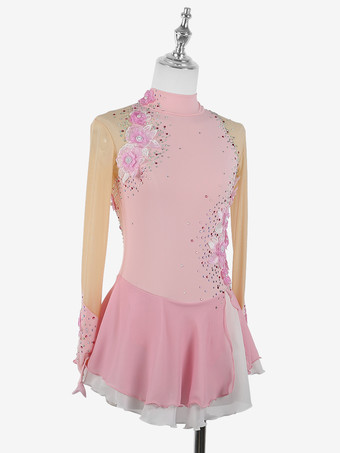 女の子用アップリケ付きアイススケートダンスコスチューム、シンプルでゆったりとした女性用フィギュアスケート競技ドレス、体操レオタード