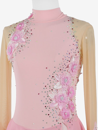 女の子用アップリケ付きアイススケートダンスコスチューム、シンプルでゆったりとした女性用フィギュアスケート競技ドレス、体操レオタード