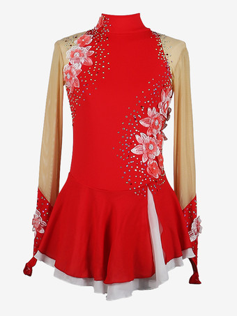 レッド 女の子用アップリケ付きアイススケートダンスコスチューム、シンプルでゆったりとした女性用フィギュアスケート競技ドレス、体操レオタード