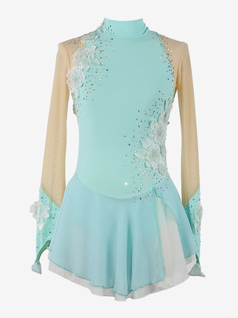 ミントグリーン女の子用アップリケ付きアイススケートダンスコスチューム、シンプルでゆったりとした女性用フィギュアスケート競技ドレス、体操レオタード