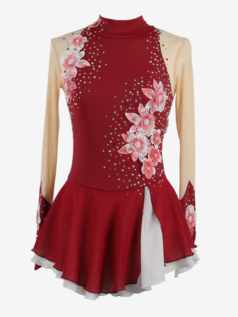ワインレッド 女の子用アップリケ付きアイススケートダンスコスチューム、シンプルでゆったりとした女性用フィギュアスケート競技ドレス、体操レオタード