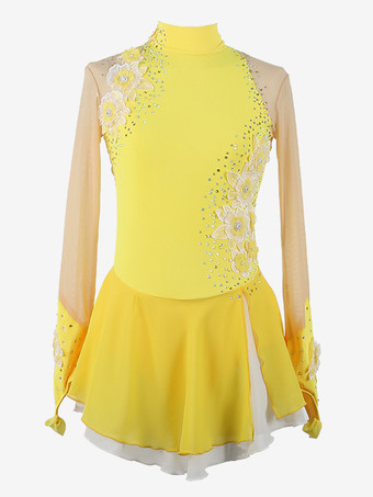 イエロー女の子用アップリケ付きアイススケートダンスコスチューム、シンプルでゆったりとした女性用フィギュアスケート競技ドレス、体操レオタード