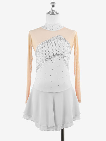 ホワイト スケートコスチューム 女の子 レディース プロフィギュアスケート競技ドレス タートルネック バレリーナ衣装