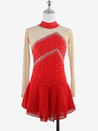 レッド スケートコスチューム 女の子 レディース プロフィギュアスケート競技ドレス タートルネック バレリーナ衣装