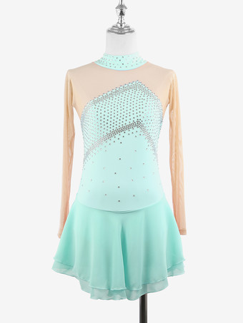 ミントグリーンスケートコスチューム 女の子 レディース プロフィギュアスケート競技ドレス タートルネック バレリーナ衣装