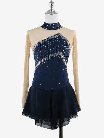 ダークネイビースケートコスチューム 女の子 レディース プロフィギュアスケート競技ドレス タートルネック バレリーナ衣装