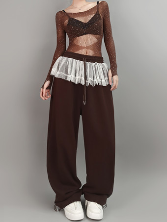 ブラウン ジャズダンスコスチューム レディース トップス＆パンツセット ダンスウェア パフォーマンス衣装