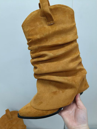 ラクダ色 スエードミッドカーフブーツ ブラウン ポインテッドトゥ スラウチハイヒールブーツ