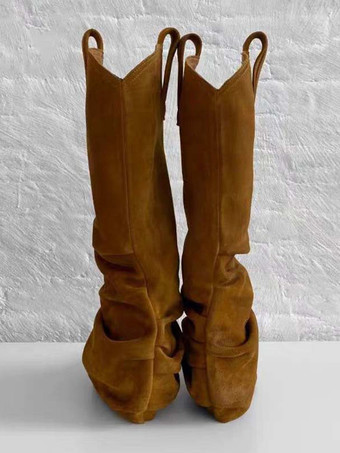 スエードミッドカーフブーツ ブラウン ポインテッドトゥ スラウチハイヒールブーツ