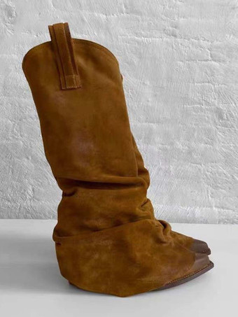 スエードミッドカーフブーツ ブラウン ポインテッドトゥ スラウチハイヒールブーツ