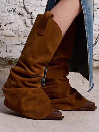 スエードミッドカーフブーツ ブラウン ポインテッドトゥ スラウチハイヒールブーツ