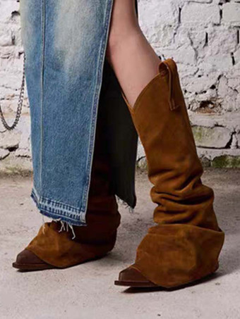 ディープブラウンスエードミッドカーフブーツ ブラウン ポインテッドトゥ スラウチハイヒールブーツ