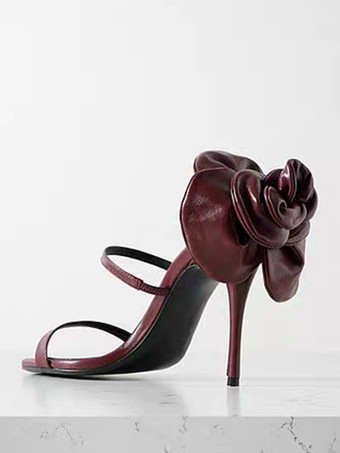 ハイヒールサンダル レディース オープントゥ ストラップ フラワーディテール パーティーシューズ